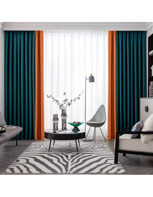 Full blackout color matching splicing curtains, living room, bedroom, simple sunshade, heat insulation, sunscreen fabric, hook type curtains, finished products