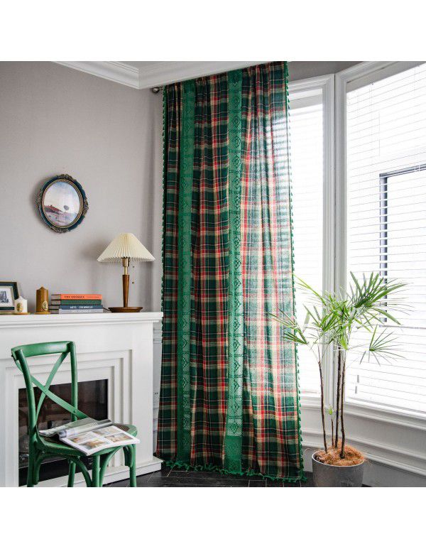 Yimanqiyun curtain, green lattice splicing, yarn dyed American curtain, finished kitchen curtain, floating window curtain, semi shading