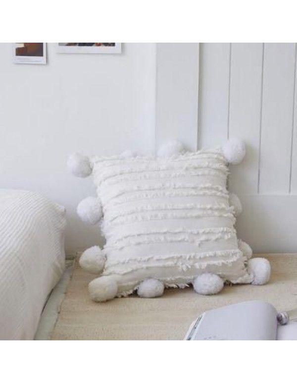 Retro style simple sofa pillow Japanese cotton linen jacquard ball pillow solid tassel cushion