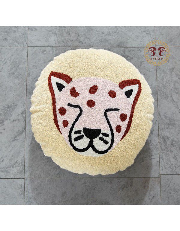 Hot Sale Cute Cartoon Tiger Head Flower Leopard Panda Embroidery Throw Pillow Tufted Loop Down Children's Gift Group Purchase Round Cushion