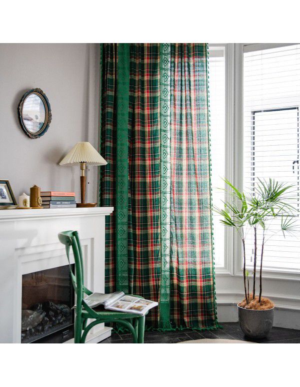 Yimanqiyun curtain, green lattice splicing, yarn dyed American curtain, finished kitchen curtain, floating window curtain, semi shading