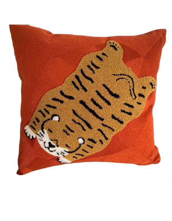 Hot Sale Cute Cartoon Tiger Head Flower Leopard Panda Embroidery Throw Pillow Tufted Loop Down Children's Gift Group Purchase Round Cushion