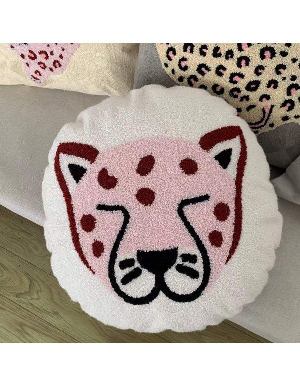 Hot Sale Cute Cartoon Tiger Head Flower Leopard Panda Embroidery Throw Pillow Tufted Loop Down Children's Gift Group Purchase Round Cushion