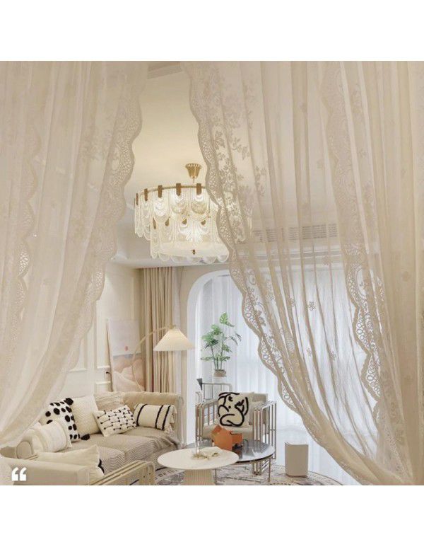 French lace aesthetic gauze curtain American garden curtain bedroom balcony partition vintage white gauze half curtain wavy lace