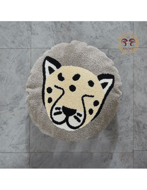 Hot Sale Cute Cartoon Tiger Head Flower Leopard Panda Embroidery Throw Pillow Tufted Loop Down Children's Gift Group Purchase Round Cushion