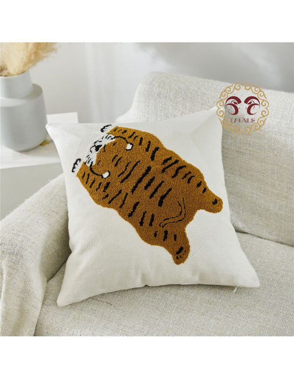 Hot Sale Cute Cartoon Tiger Head Flower Leopard Panda Embroidery Throw Pillow Tufted Loop Down Children's Gift Group Purchase Round Cushion