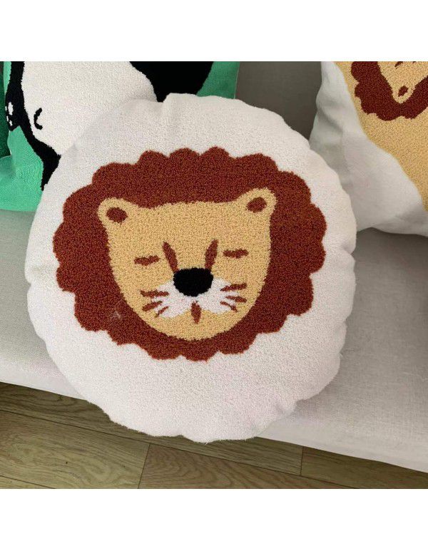 Hot Sale Cute Cartoon Tiger Head Flower Leopard Panda Embroidery Throw Pillow Tufted Loop Down Children's Gift Group Purchase Round Cushion