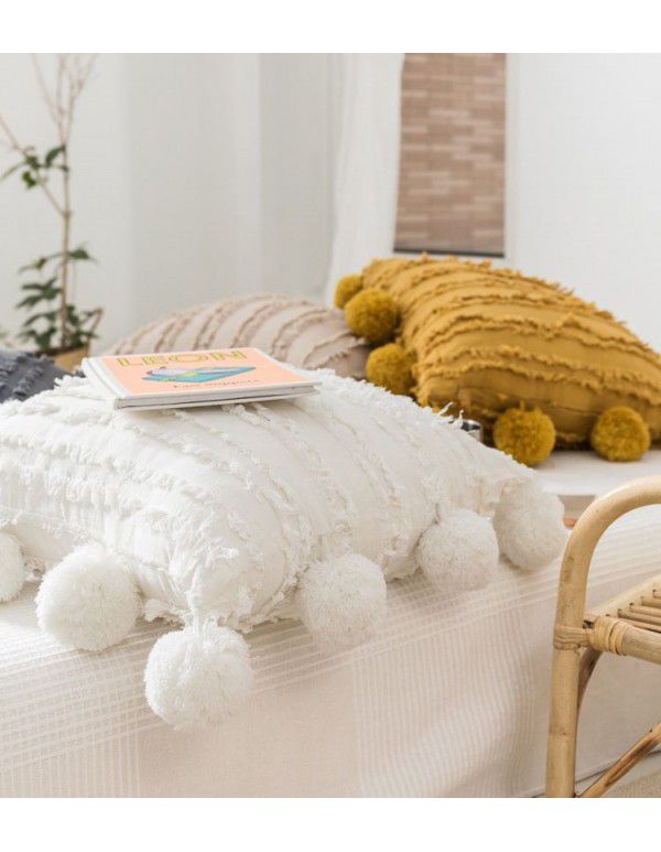 Retro style simple sofa pillow Japanese cotton linen jacquard ball pillow solid tassel cushion