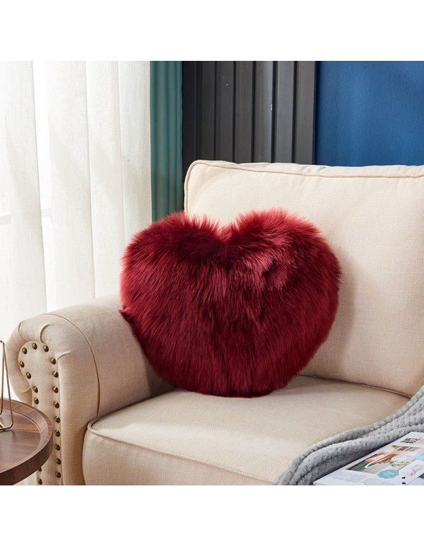 Cute solid color imitation wool throw pillow car pillow heart-shaped sofa waist cushion office seat plush cushion