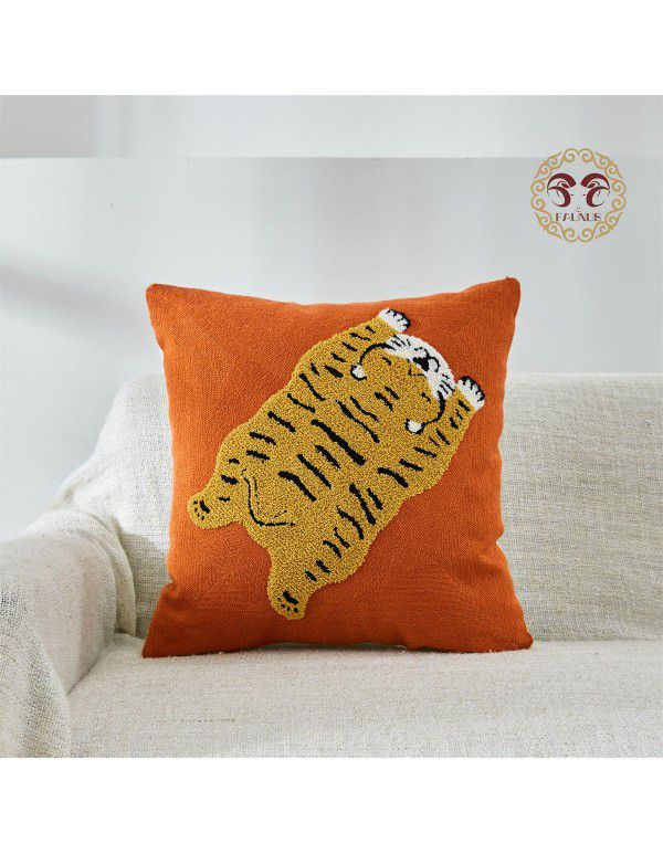 Hot Sale Cute Cartoon Tiger Head Flower Leopard Panda Embroidery Throw Pillow Tufted Loop Down Children's Gift Group Purchase Round Cushion