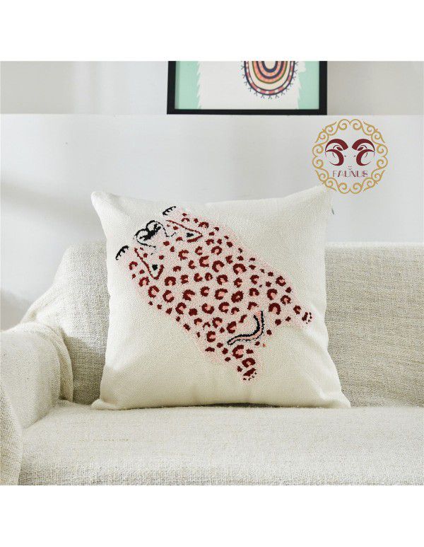 Hot Sale Cute Cartoon Tiger Head Flower Leopard Panda Embroidery Throw Pillow Tufted Loop Down Children's Gift Group Purchase Round Cushion