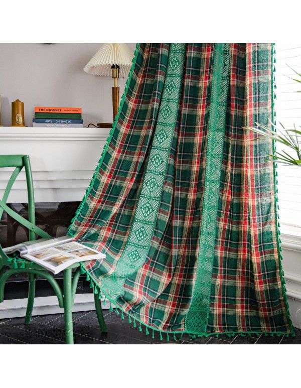 Yimanqiyun curtain, green lattice splicing, yarn dyed American curtain, finished kitchen curtain, floating window curtain, semi shading