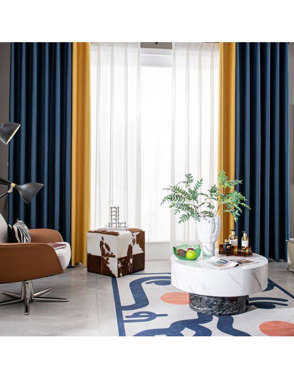 Full blackout color matching splicing curtains, living room, bedroom, simple sunshade, heat insulation, sunscreen fabric, hook type curtains, finished products