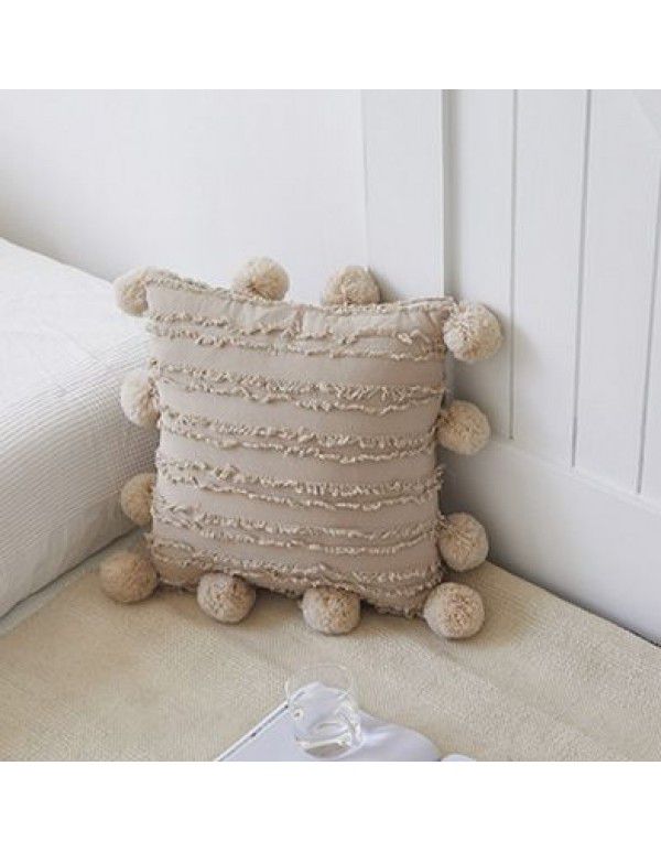 Retro style simple sofa pillow Japanese cotton linen jacquard ball pillow solid tassel cushion