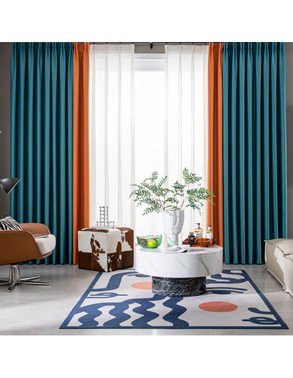 Full blackout color matching splicing curtains, living room, bedroom, simple sunshade, heat insulation, sunscreen fabric, hook type curtains, finished products