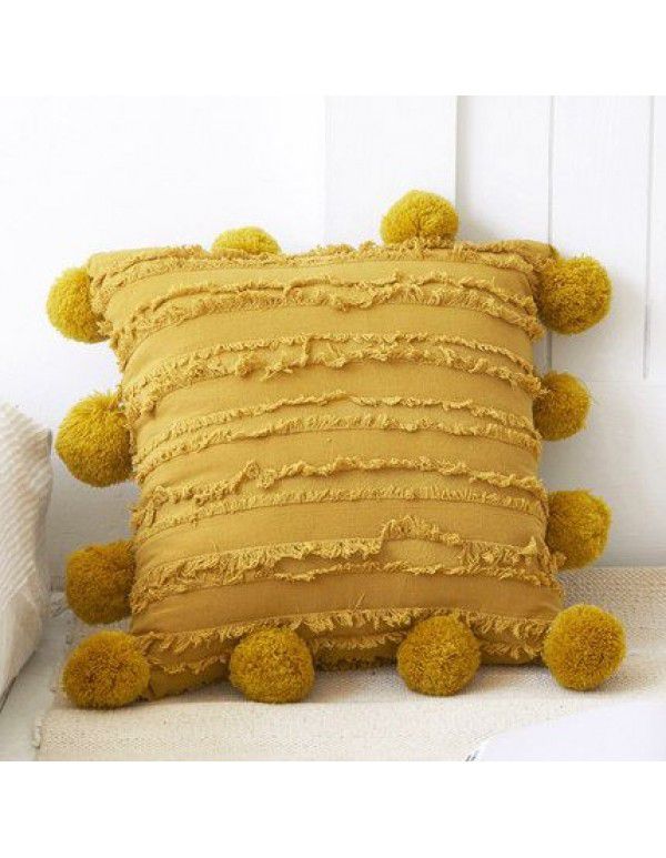 Retro style simple sofa pillow Japanese cotton linen jacquard ball pillow solid tassel cushion