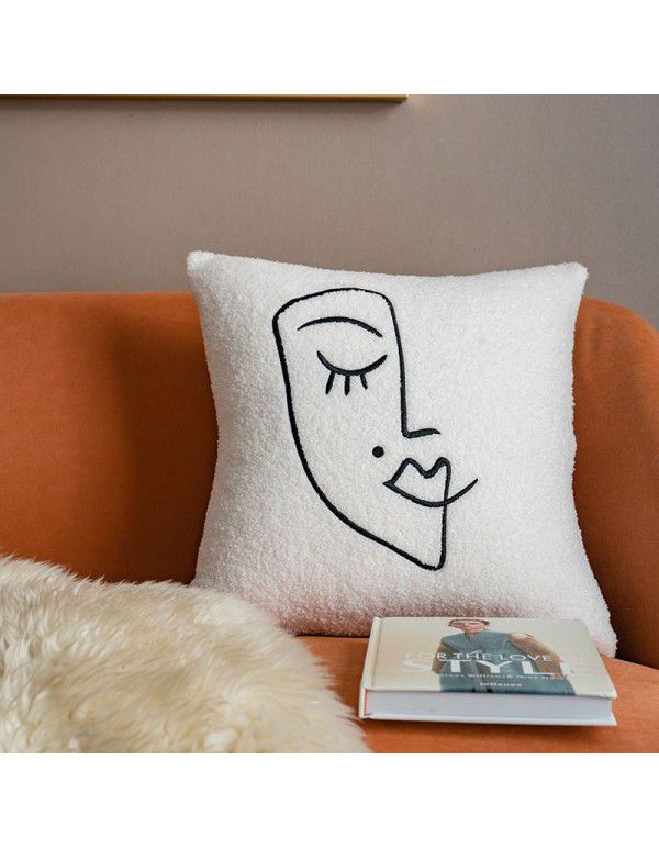 Nordic lamb plush ins style embroidery face pillow chessboard light luxury velvet vintage sofa waist cushion cover