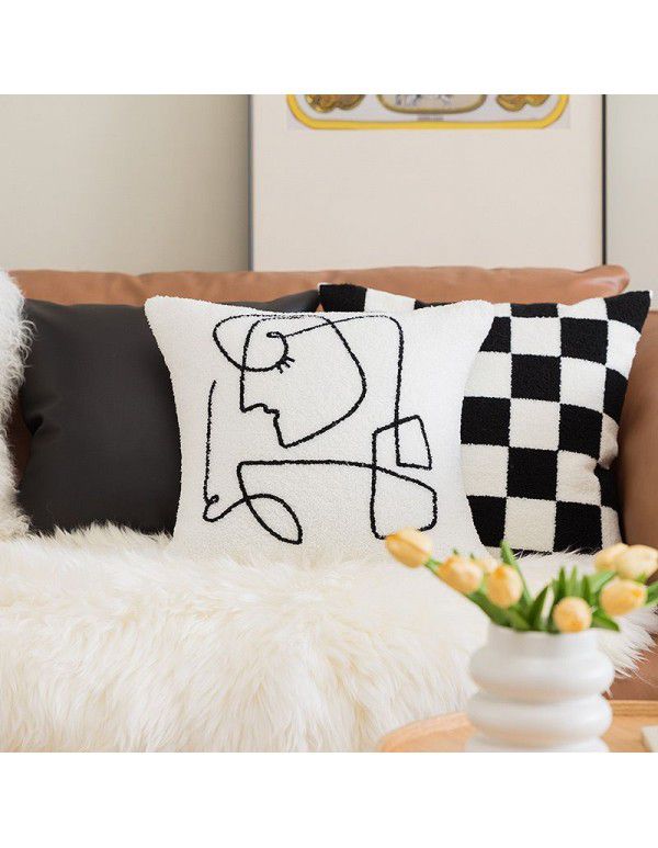 Black and white chessboard pattern pillowcase Nordic ins style line sofa pillow sitting room bedside cushion senior sense of luxury