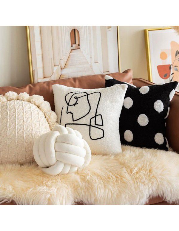 Nordic ins style woolen cloth dot embroidered pillow cover geometric dot sitting room sofa plush net red cushion backrest