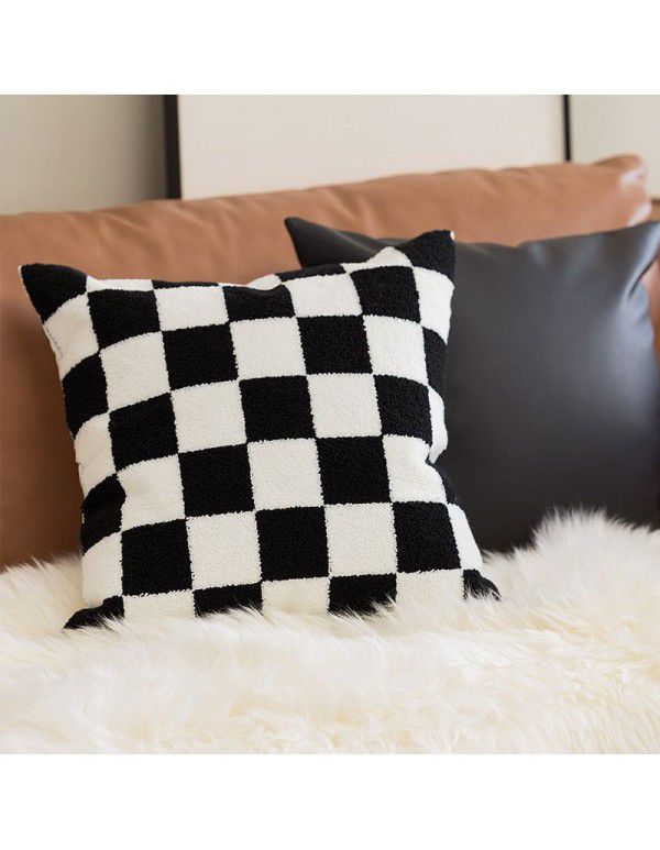 Black and white chessboard pattern pillowcase Nordic ins style line sofa pillow sitting room bedside cushion senior sense of luxury