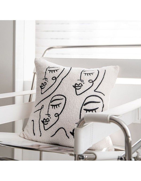 Nordic lamb plush ins style embroidery face pillow chessboard light luxury velvet vintage sofa waist cushion cover