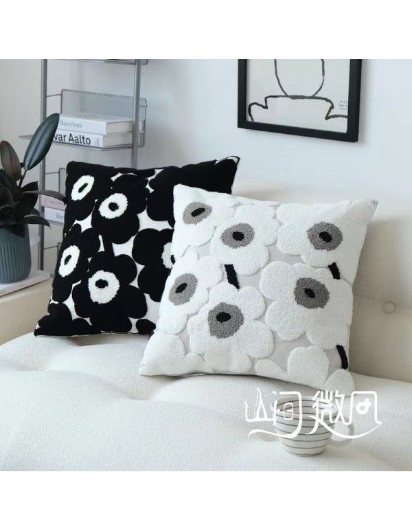 Nordic style poppy flower pillow black and white gray cushion bag Finnish style cushion sitting room sofa pillow cover ins style