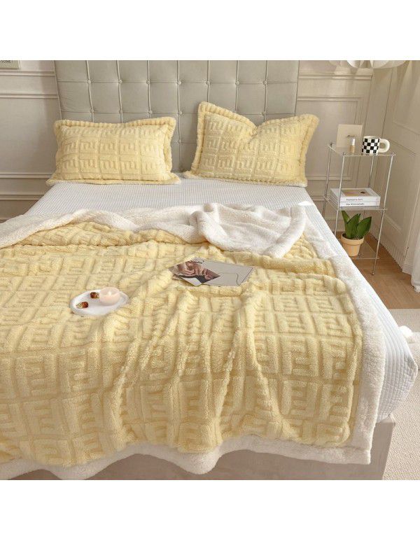 New blanket in autumn and winter of 2022 New taff wool blanket Pure plain color jacquard double layer lamb wool blanket