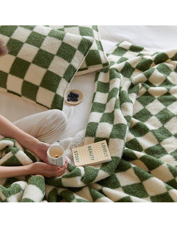 Chessboard check handmade blanket milk wool cover blanket lamb wool pillow case flannel imitation wool jacquard blanket sub net red