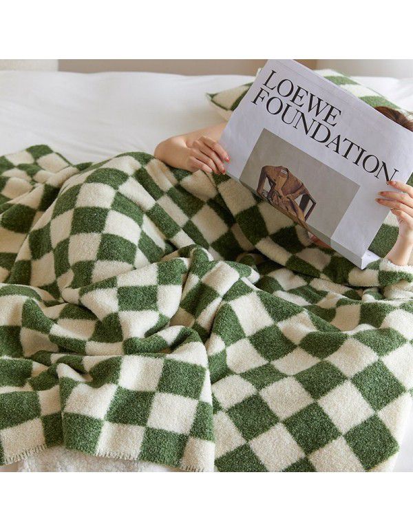 Chessboard check handmade blanket milk wool cover blanket lamb wool pillow case flannel imitation wool jacquard blanket sub net red