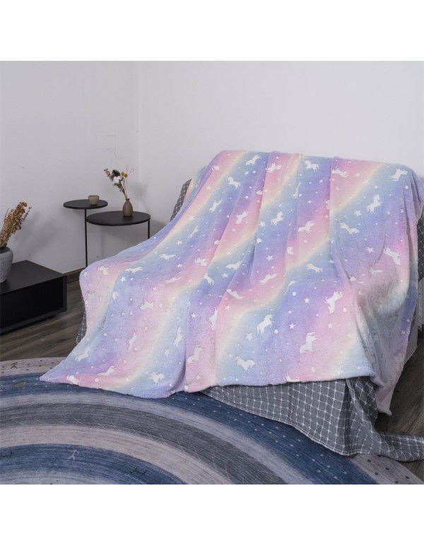 Wholesale of flannel luminous blanket in autumn and winter, gradual change of white horse luminous coral blanket, lunch break, children's fluorescent blanket