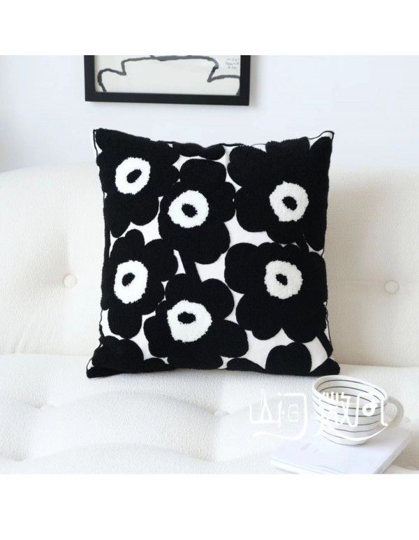 Nordic style poppy flower pillow black and white gray cushion bag Finnish style cushion sitting room sofa pillow cover ins style