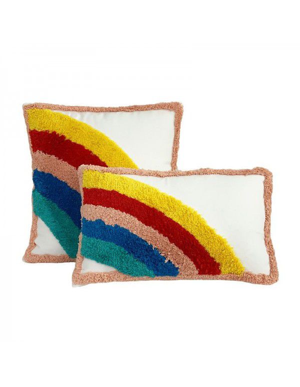 New Tufted Rainbow Throwing Pillow Cover Bohemia Yafeng National Style Stereoscopic Embroidery Cotton Fringe Cushion Home