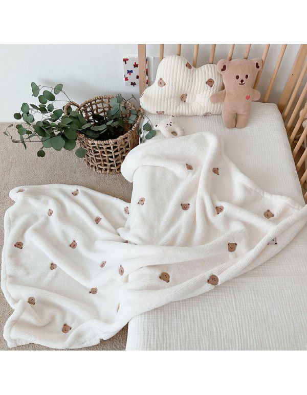 Ins Wind South Korean Baby Kids Cover Blanket in Spring, Autumn and Winter, Go Out and Embroider Baby Bears and Rabbits Embroidery Blanket, Sleeping Blanket