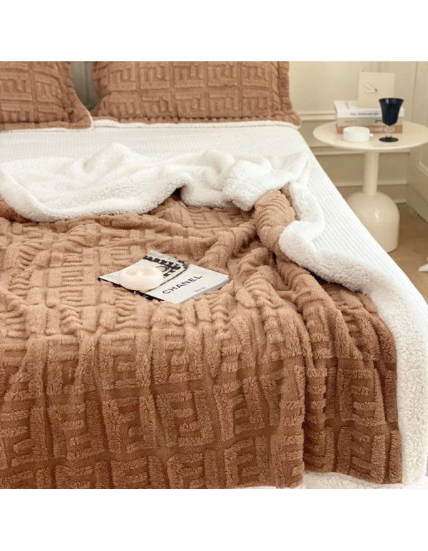 New blanket in autumn and winter of 2022 New taff wool blanket Pure plain color jacquard double layer lamb wool blanket