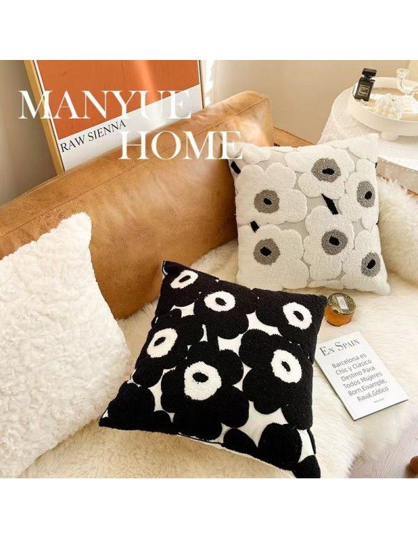 Nordic style poppy flower pillow black and white gray cushion bag Finnish style cushion sitting room sofa pillow cover ins style