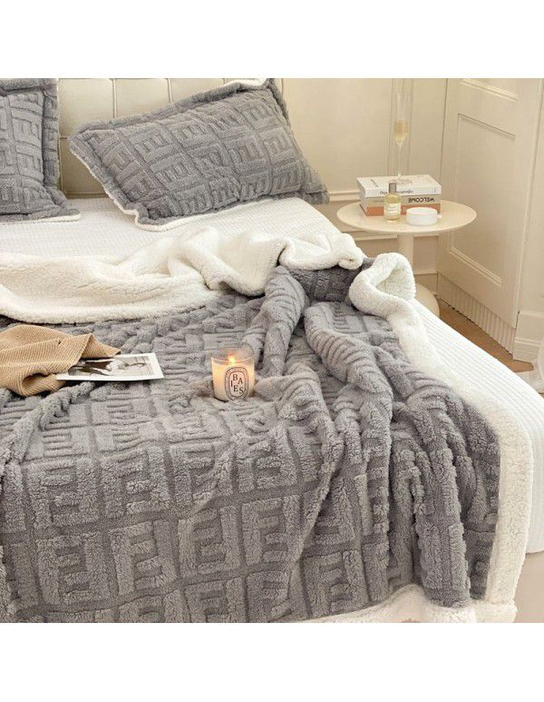 New blanket in autumn and winter of 2022 New taff wool blanket Pure plain color jacquard double layer lamb wool blanket