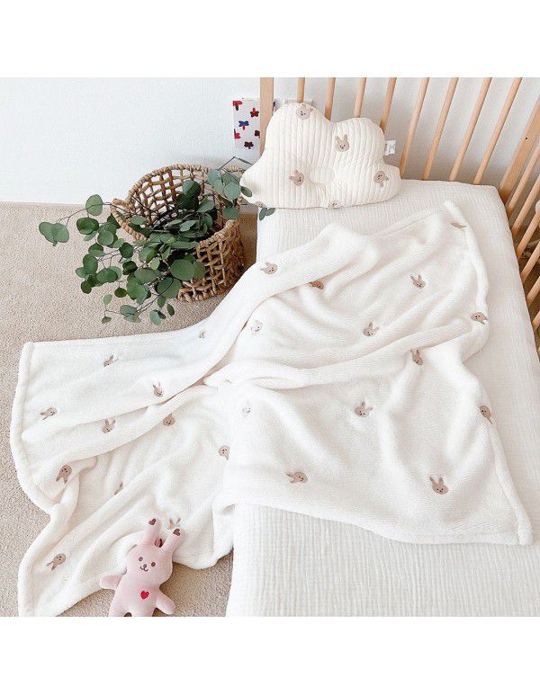 Ins Wind South Korean Baby Kids Cover Blanket in Spring, Autumn and Winter, Go Out and Embroider Baby Bears and Rabbits Embroidery Blanket, Sleeping Blanket