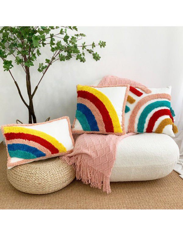 New Tufted Rainbow Throwing Pillow Cover Bohemia Yafeng National Style Stereoscopic Embroidery Cotton Fringe Cushion Home