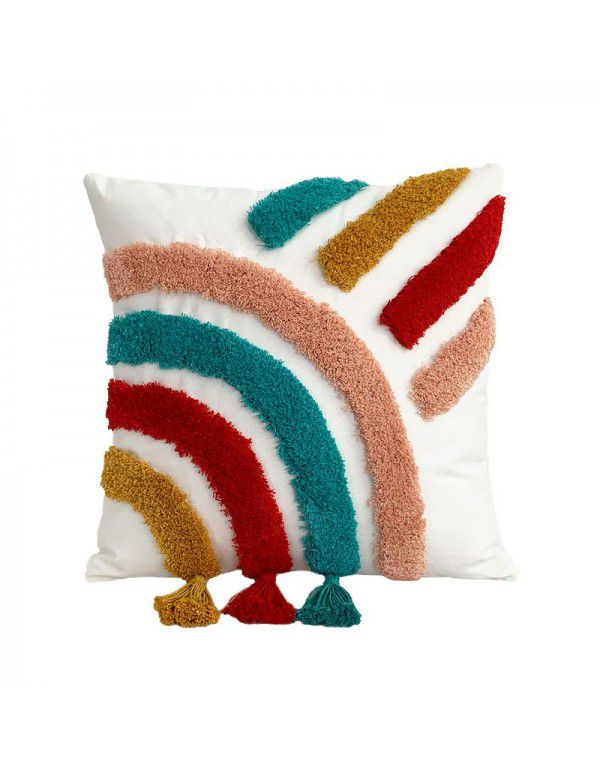 New Tufted Rainbow Throwing Pillow Cover Bohemia Yafeng National Style Stereoscopic Embroidery Cotton Fringe Cushion Home