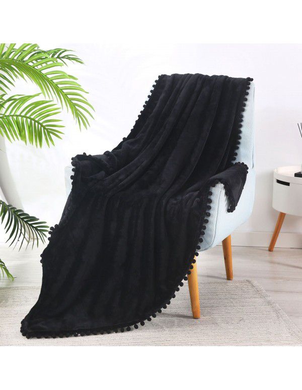 Solid color flannel ball blanket wholesale solid color tassel blanket office wool ball gift blanket blanket