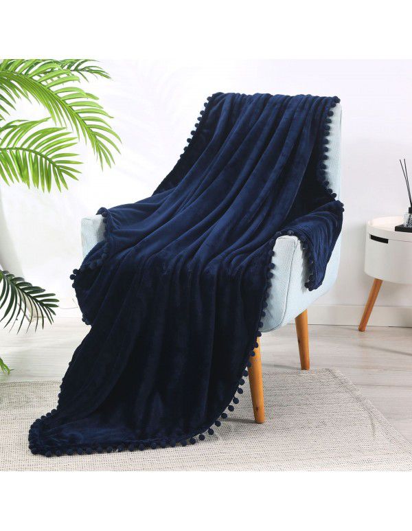 Solid color flannel ball blanket wholesale solid color tassel blanket office wool ball gift blanket blanket