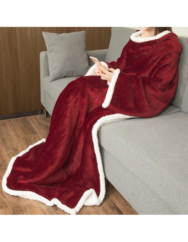 Autumn and winter 2022 fleece pocket plush thickened flannel sofa blanket warm and comfortable solid color household blanket