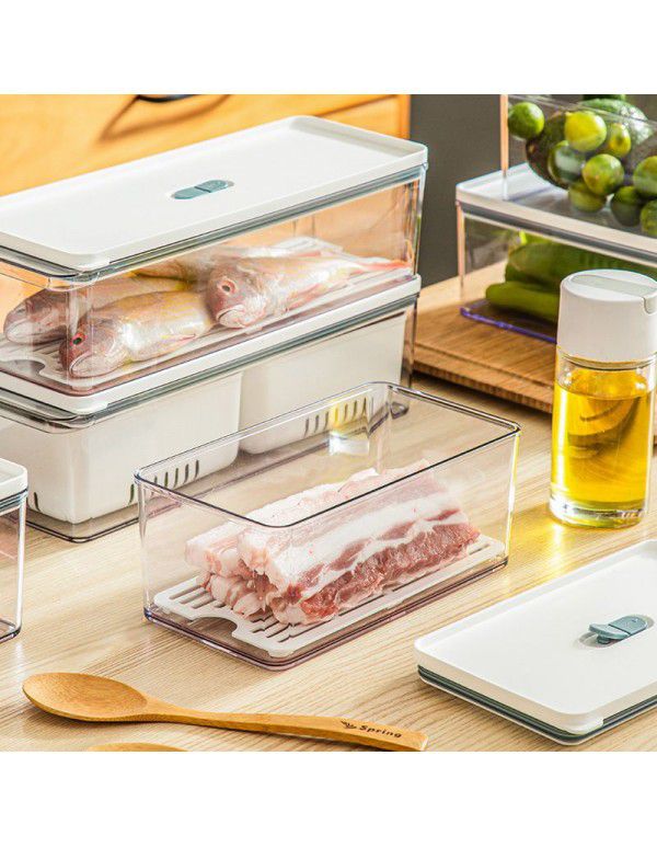 Kitchen refrigerator storage box Food grade transparent plastic sealed storage box Divided and stacked drip frozen fresh-keeping box