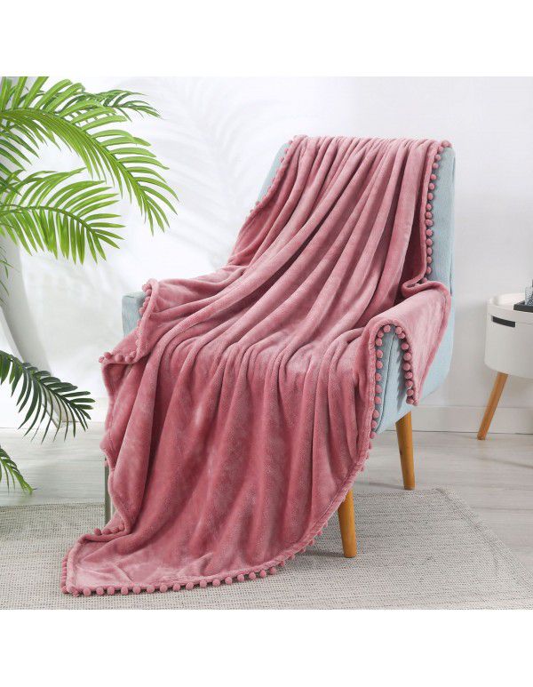 Solid color flannel ball blanket wholesale solid color tassel blanket office wool ball gift blanket blanket