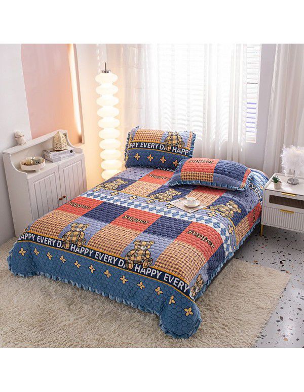 Factory direct sales thickened bed cover autumn and winter milk velvet cotton cover blanket three piece set crystal velvet single bed cover blanket wholesale