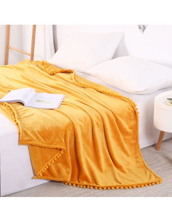 Solid color flannel ball blanket wholesale solid color tassel blanket office wool ball gift blanket blanket