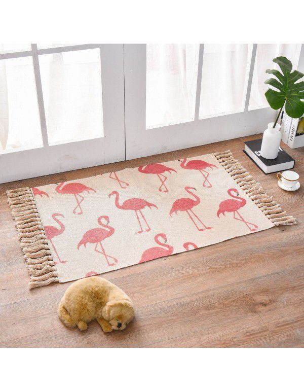 Nordic light luxury cotton woven floor mat fabric printed tassel floor mat household living room bedroom bedside mat carpet