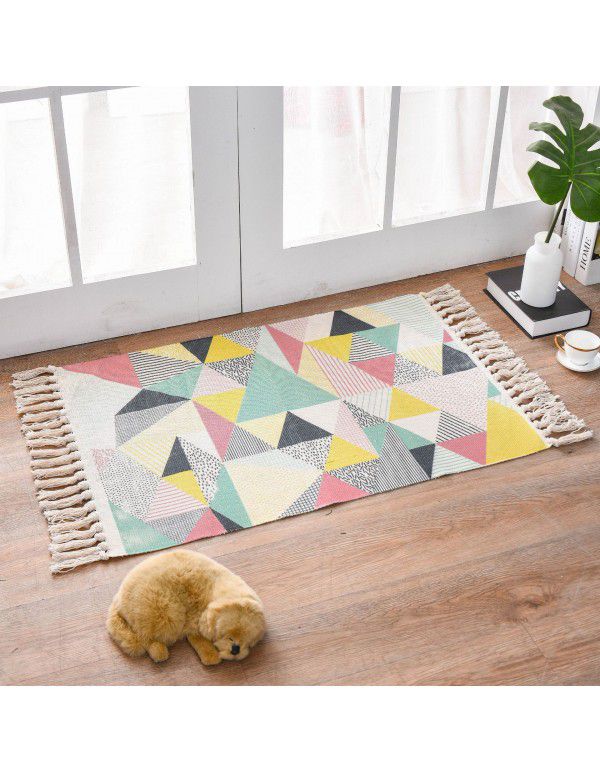 Nordic light luxury cotton woven floor mat fabric printed tassel floor mat household living room bedroom bedside mat carpet