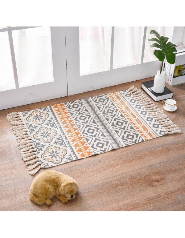 Nordic light luxury cotton woven floor mat fabric printed tassel floor mat household living room bedroom bedside mat carpet