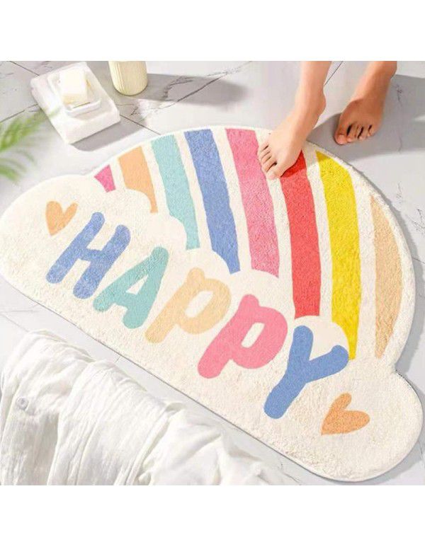 Semi round rainbow cartoon crystal cashmere imitation carpet Non slip foot mat at the entrance of bathroom Water absorbing floor mat